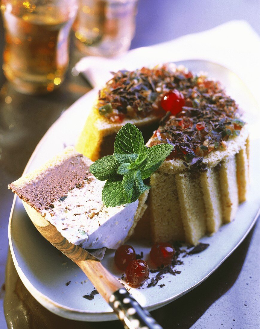 Chocolate vanilla charlotte with crystallised fruit