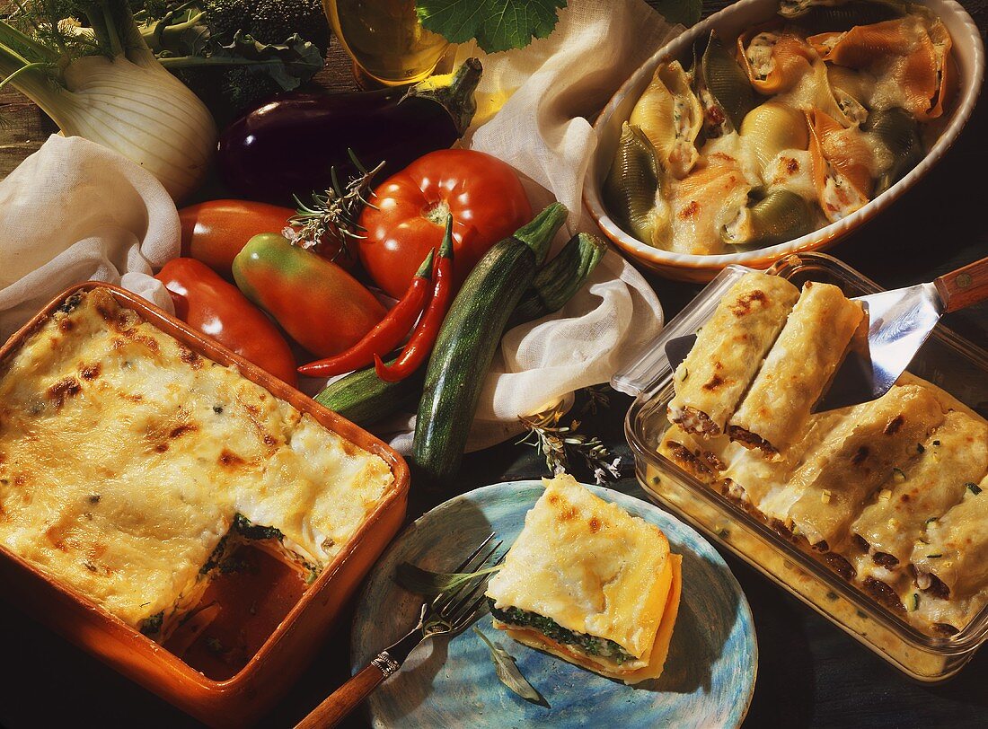 Vegetable lasagne, cannelloni and filled pasta shells