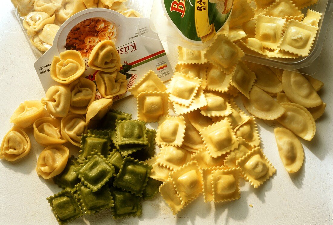 Various types of ravioli & tortellini in packaging