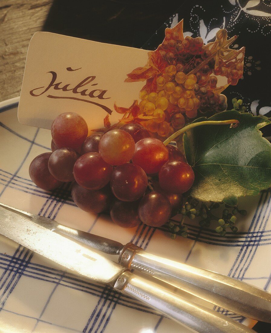 Written place card decorated with vine leaves & grapes