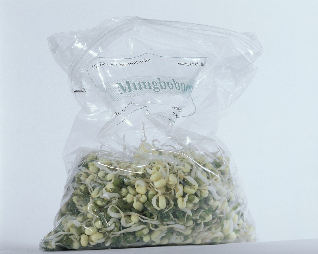 A plastic bag of fresh mung bean sprouts