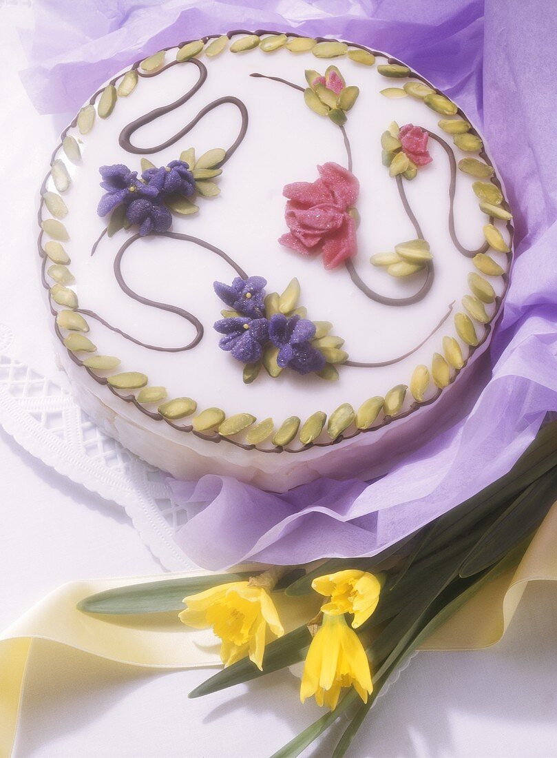 Decorated spring cake with flower design