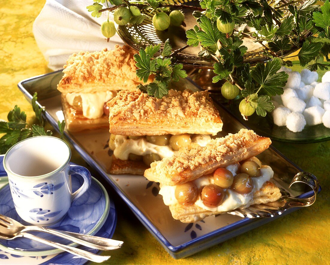Puff pastry slices with gooseberries and vanilla cream