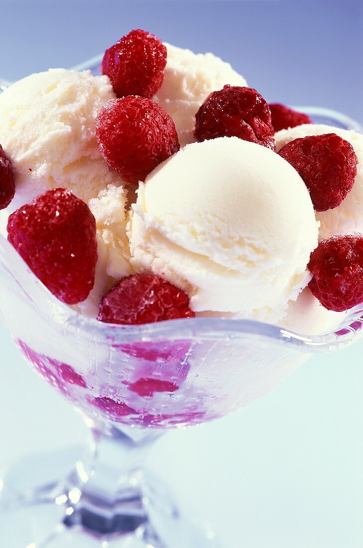 Ice cream sundae with vanilla ice cream & raspberries