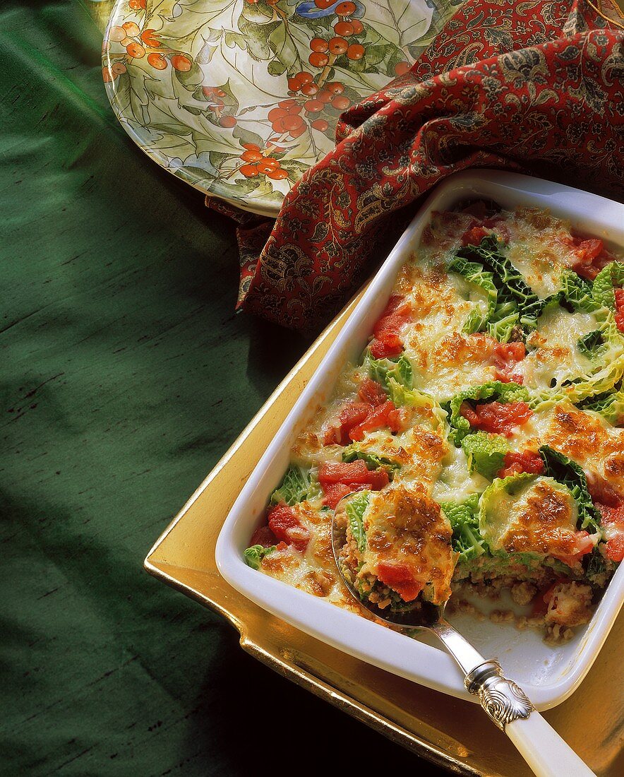 Savoy and tomato casserole with mince