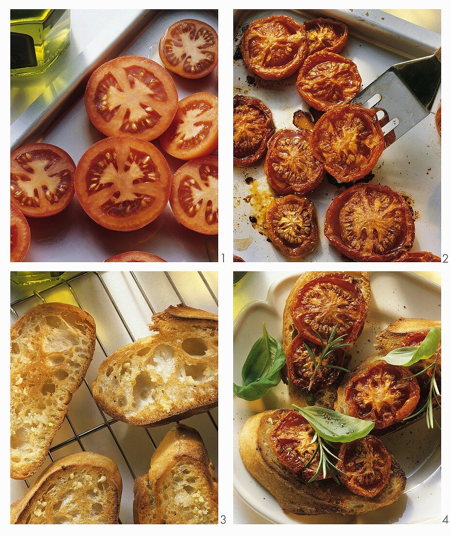 Making tomatoes on roasted garlic bread