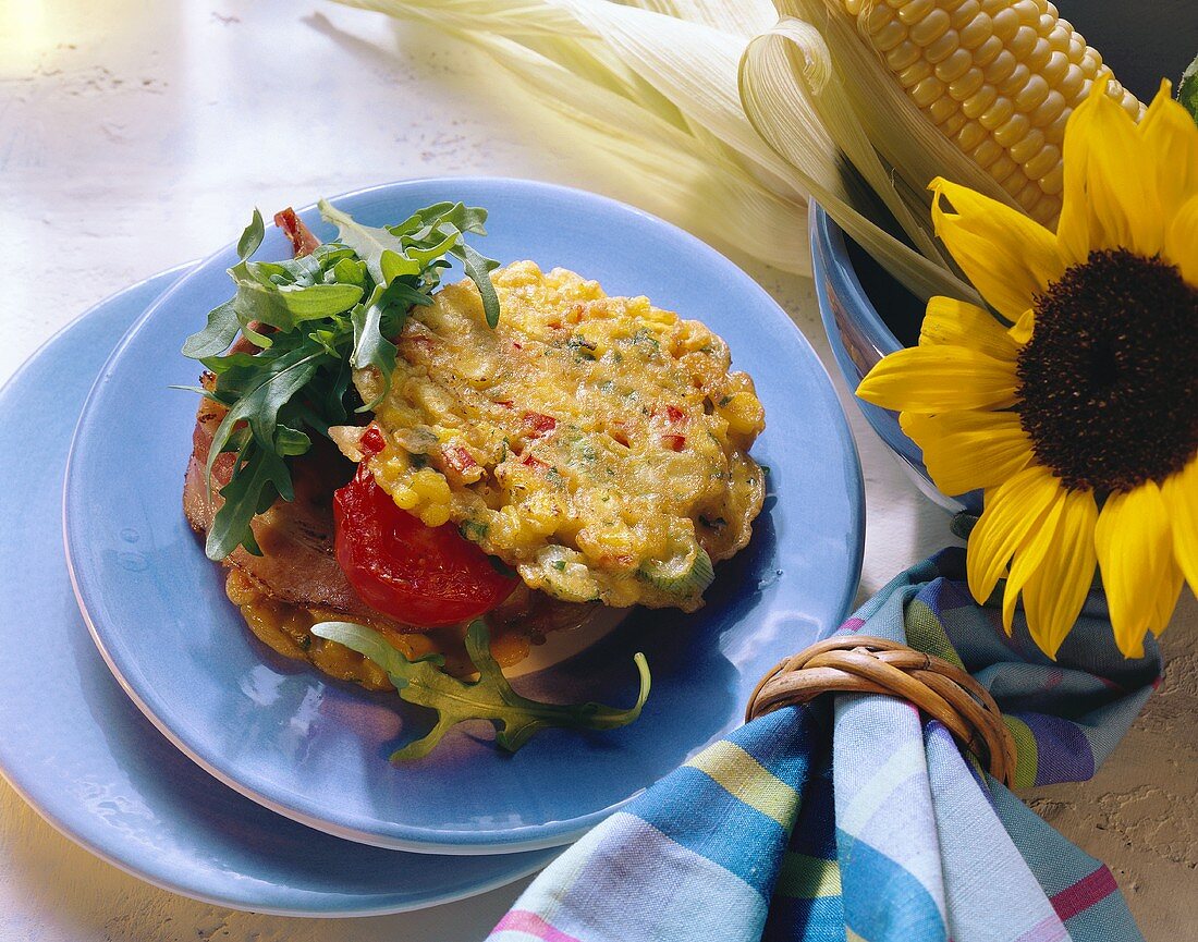 Corn fritters filled with ham, tomato and rocket