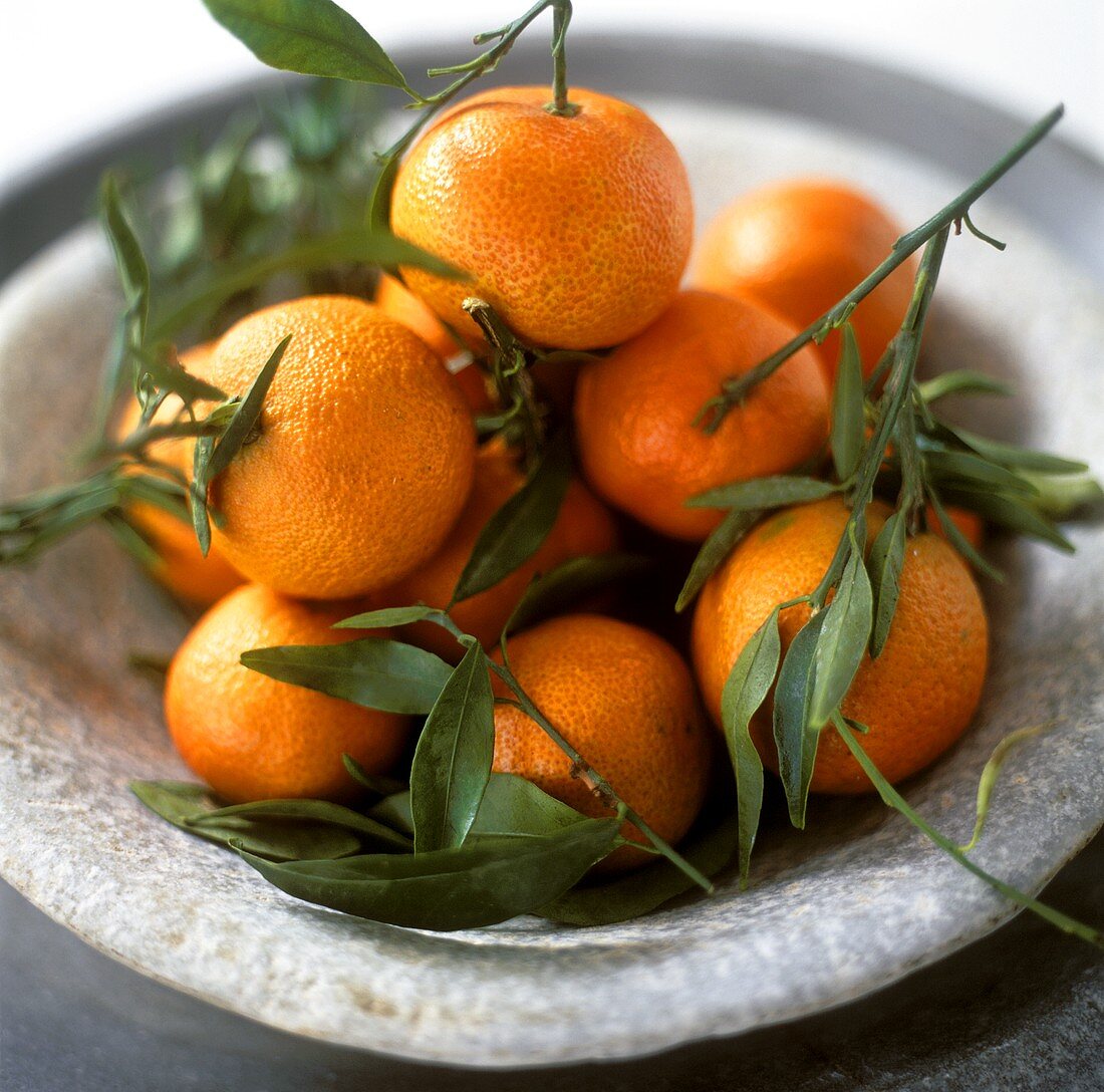 Mandarinen mit Blättern in einer Schale