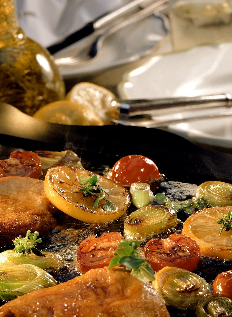 Fried vegetables and meat on Hot Stone