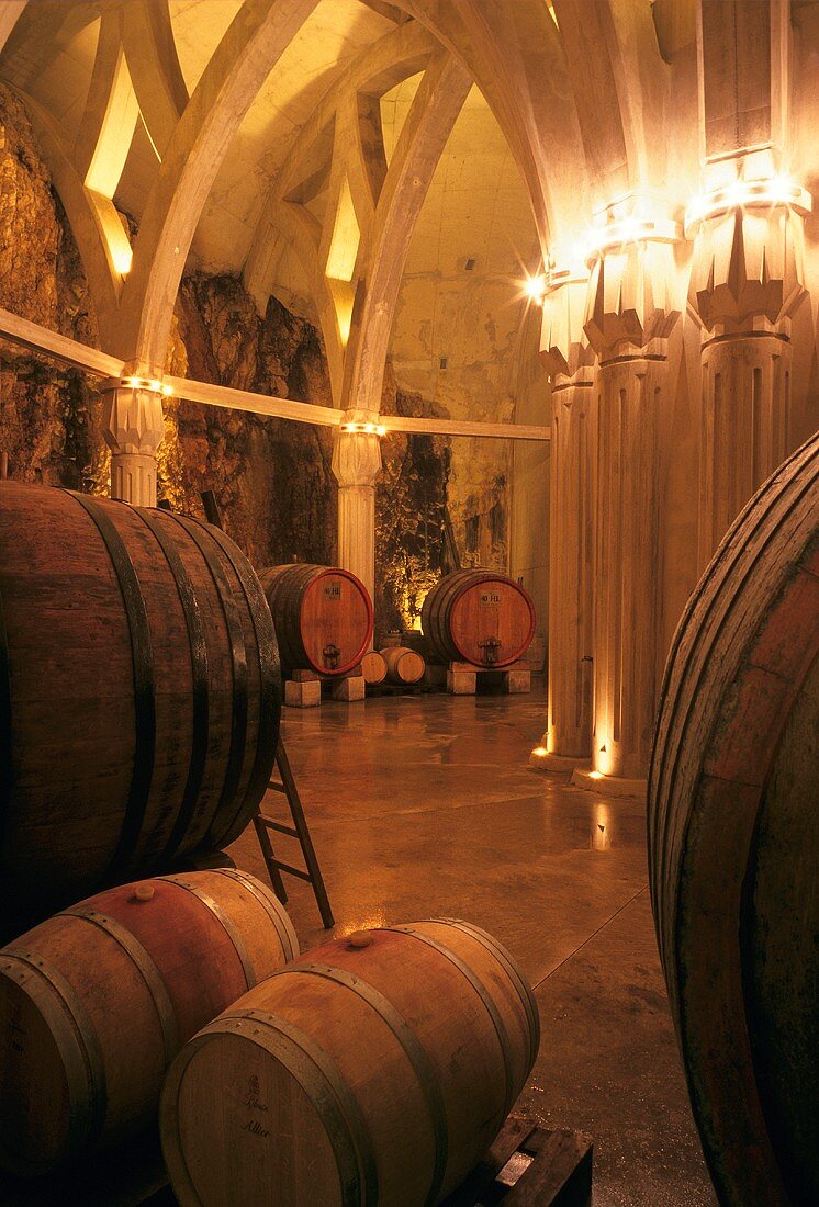 Wine barrels in cellar of Chateau Romanin, Provence