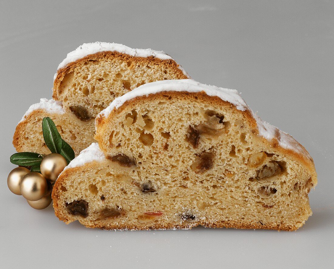 Two slices of Christmas stollen