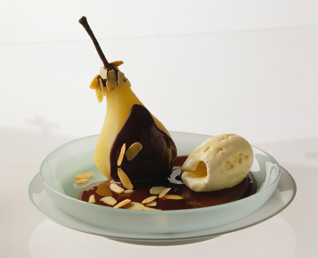 Pear Helene (pear with chocolate sauce and vanilla ice cream)
