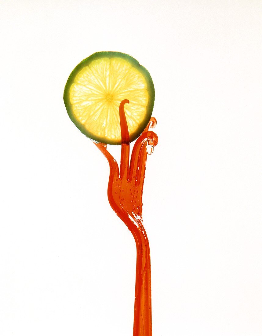 A slice of lime with bent plastic fork