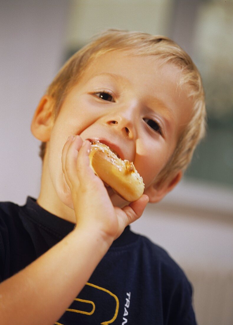 Small boy eating sweet mini-pretzel