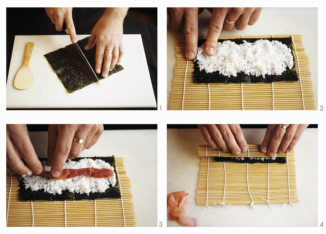 Maki-Sushi zubereiten, Teil 1: Noriblatt belegen & einrollen