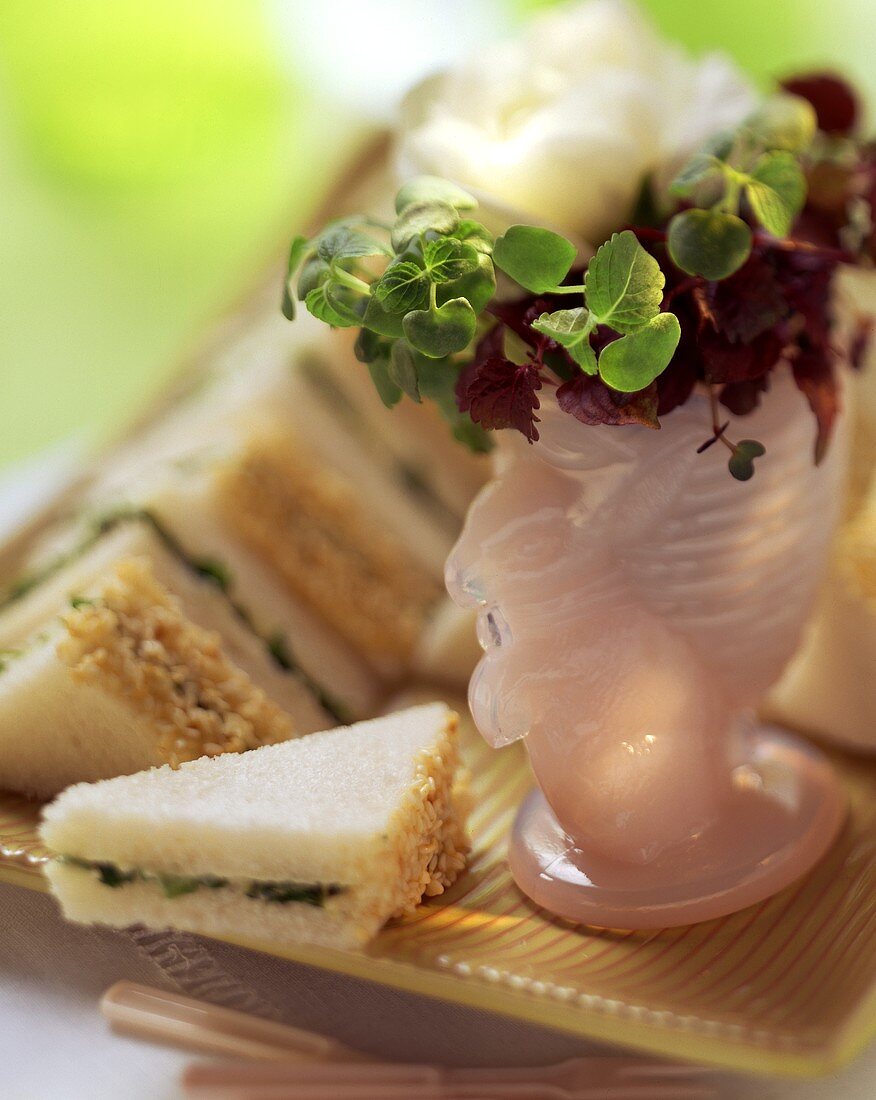 Small rocket & sesame sandwiches, Easter decoration