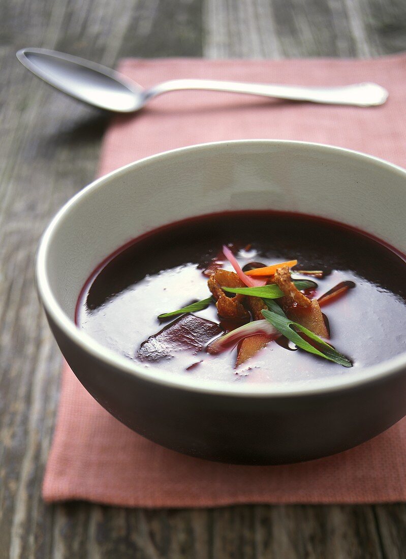 Beetroot soup with duck