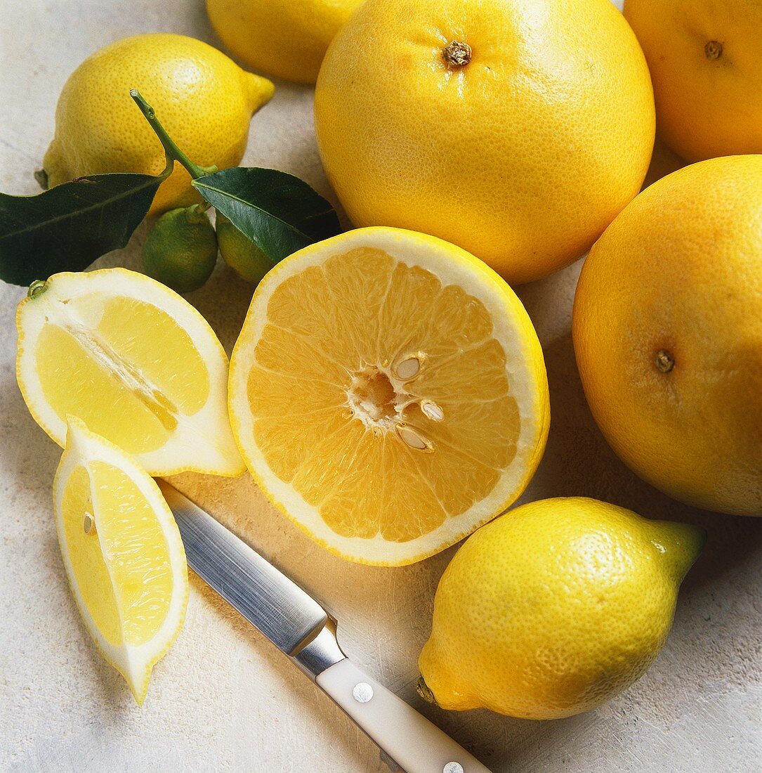 Zitronen und Grapefruits, ganz und angeschnitten