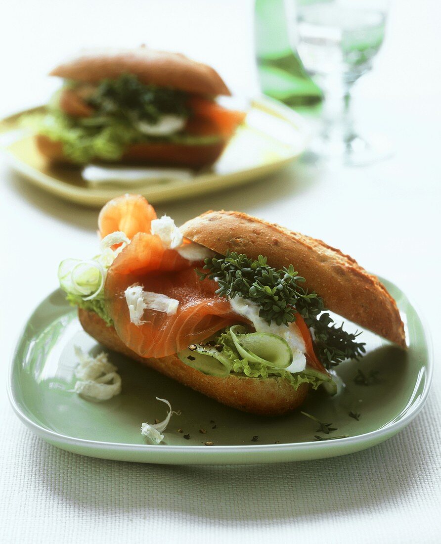 Salmon sandwich with cucumber and cress