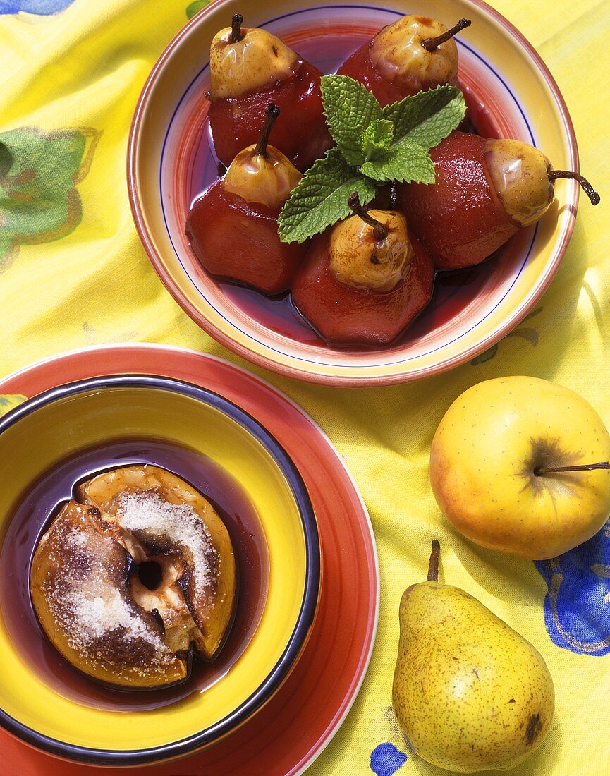 Baked apple and red wine pears