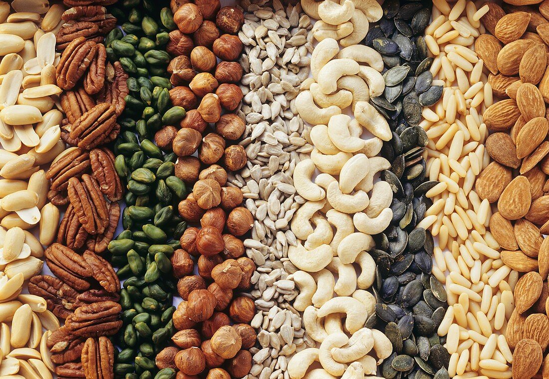 Various nuts & seeds without shells (filling the picture)