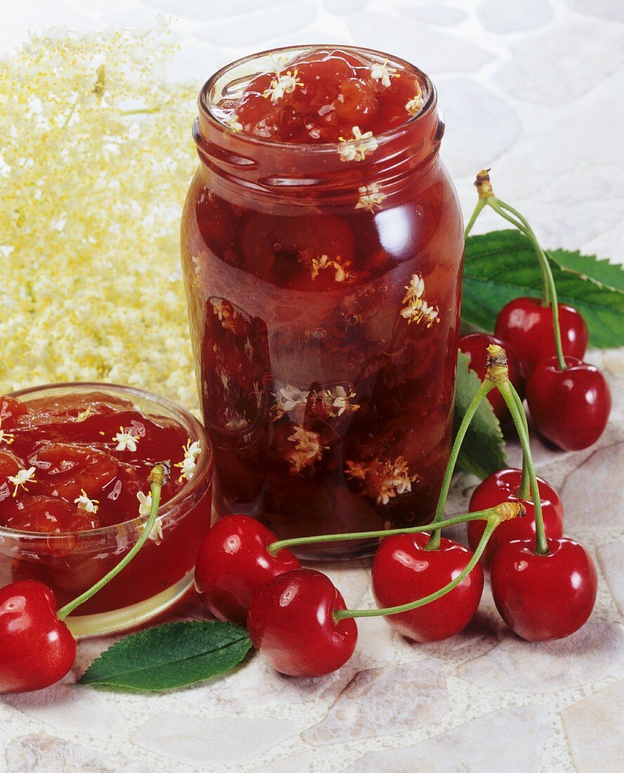 Cherry jam with elderflowers