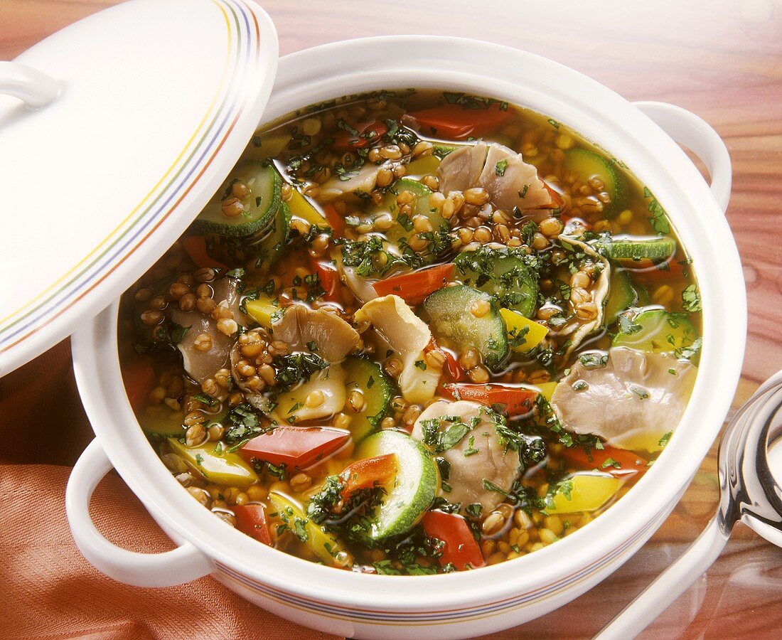 Barley and vegetable stew with oyster mushrooms