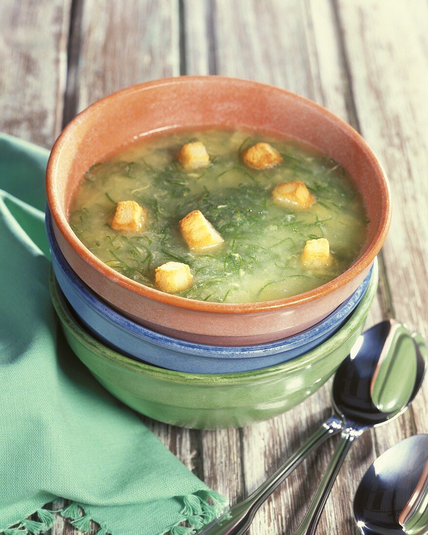 Cucumber soup with bread cubes