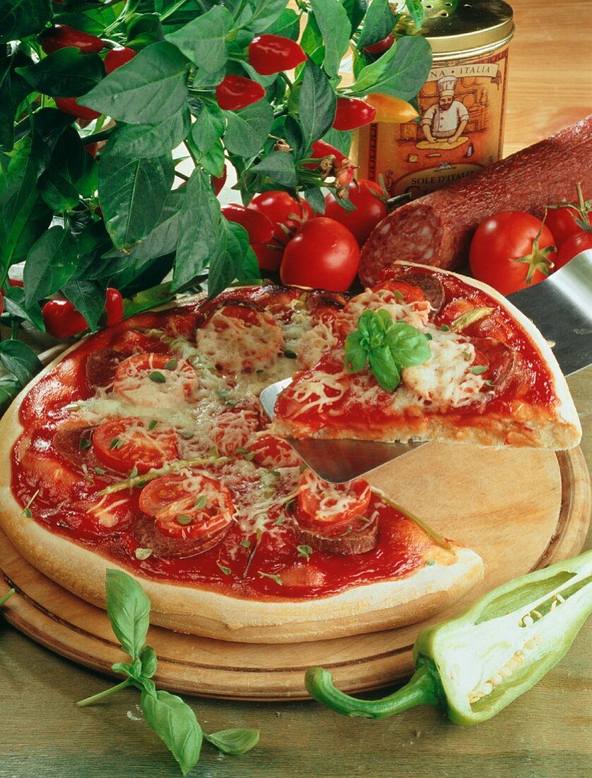 Scharfe Tomaten-Wurst-Pizza