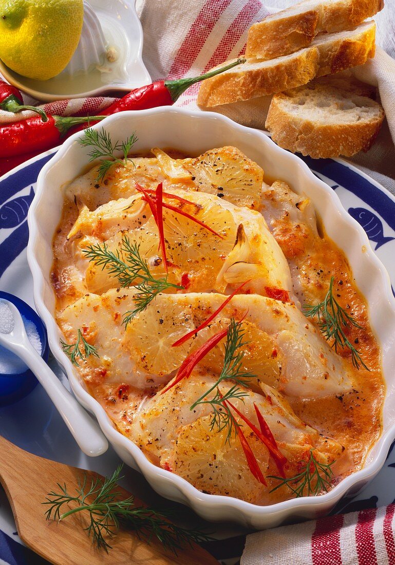 Cod casserole with chili peppers and lemon