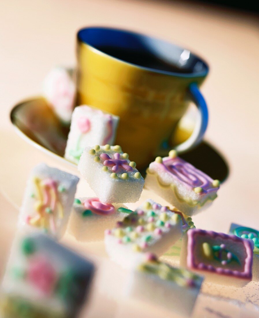 Decorated Sugar Cubes with a Cup and Saucer