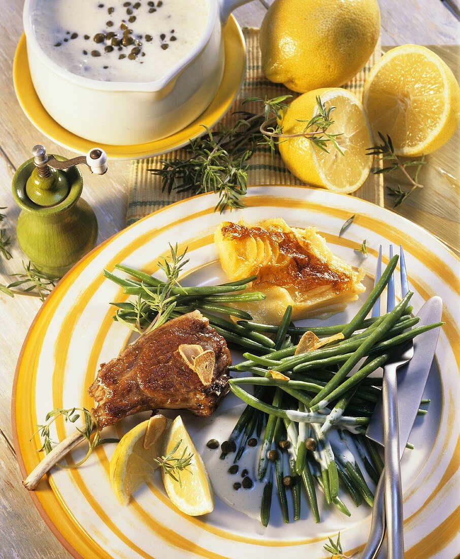 Lamb chop with potato gratin and French beans