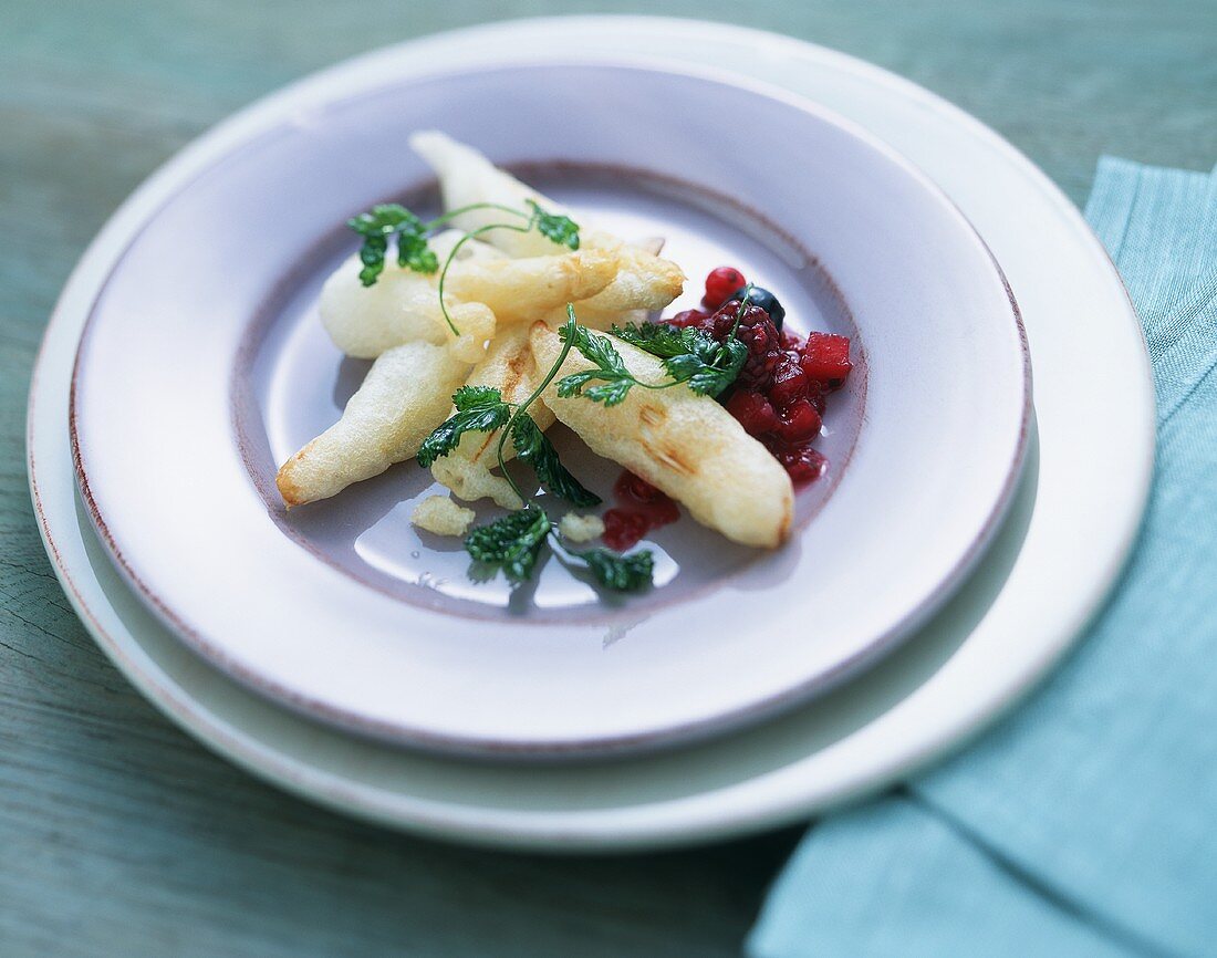 Asparagus tempura with soft fruit chutney