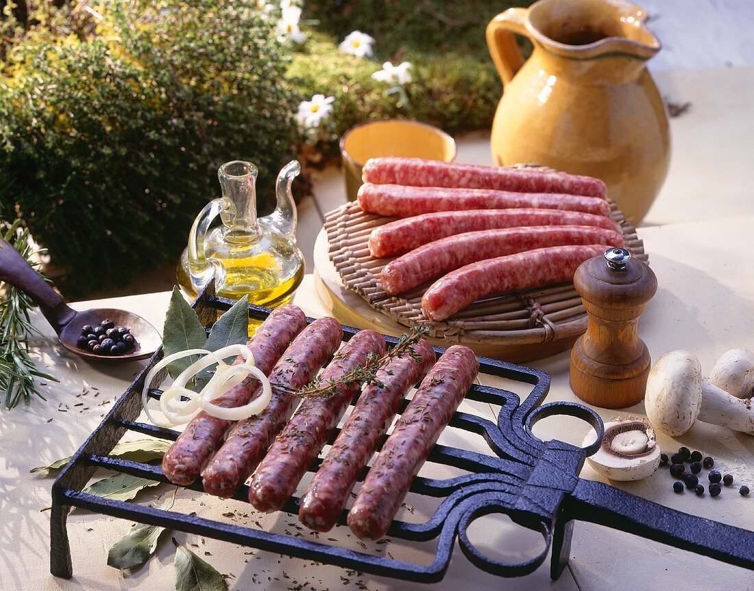 Still life with grilled sausages