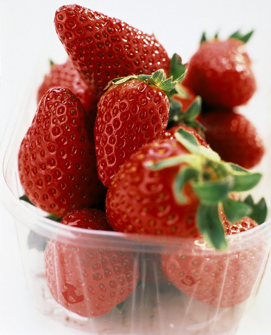 Fresh strawberries in plastic bowl