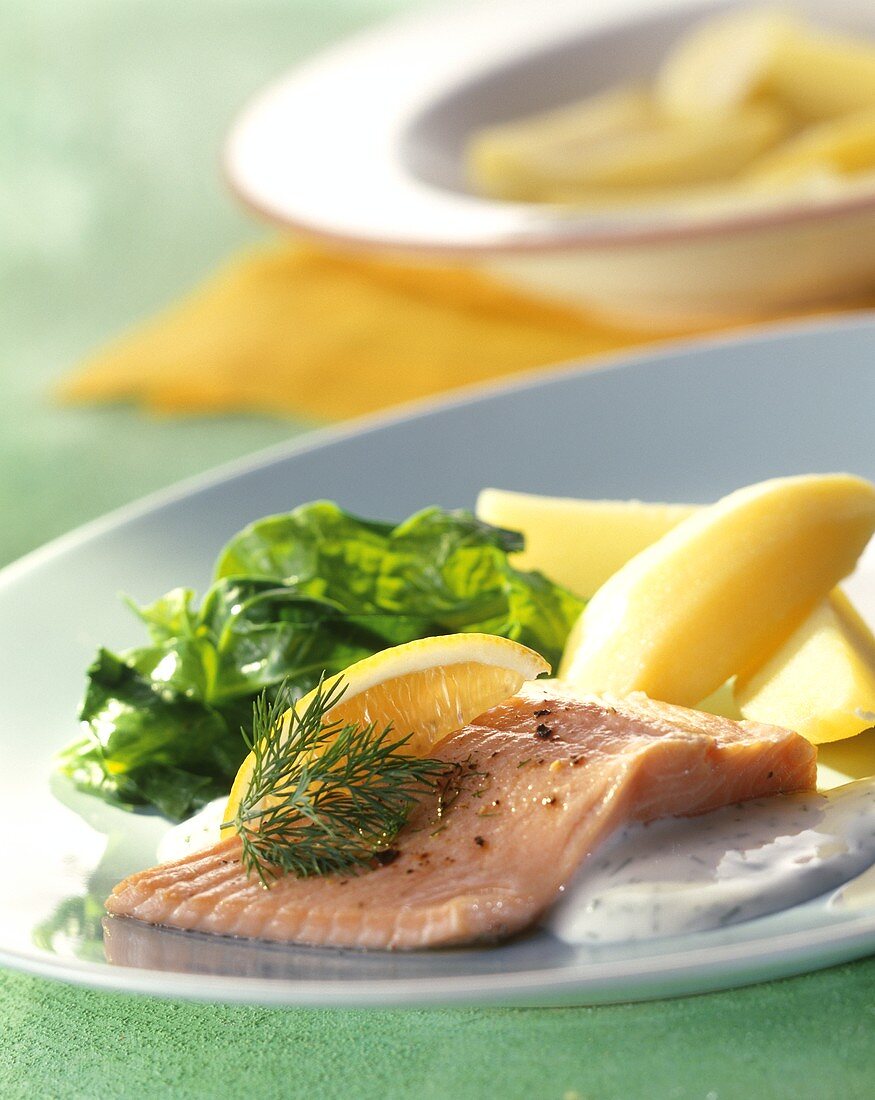 Salmon trout with potatoes and spinach