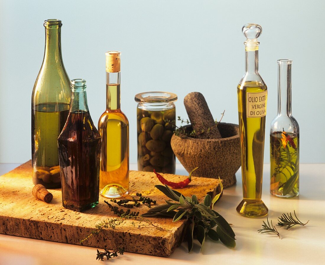 Still life with choice oils, herbs an spices