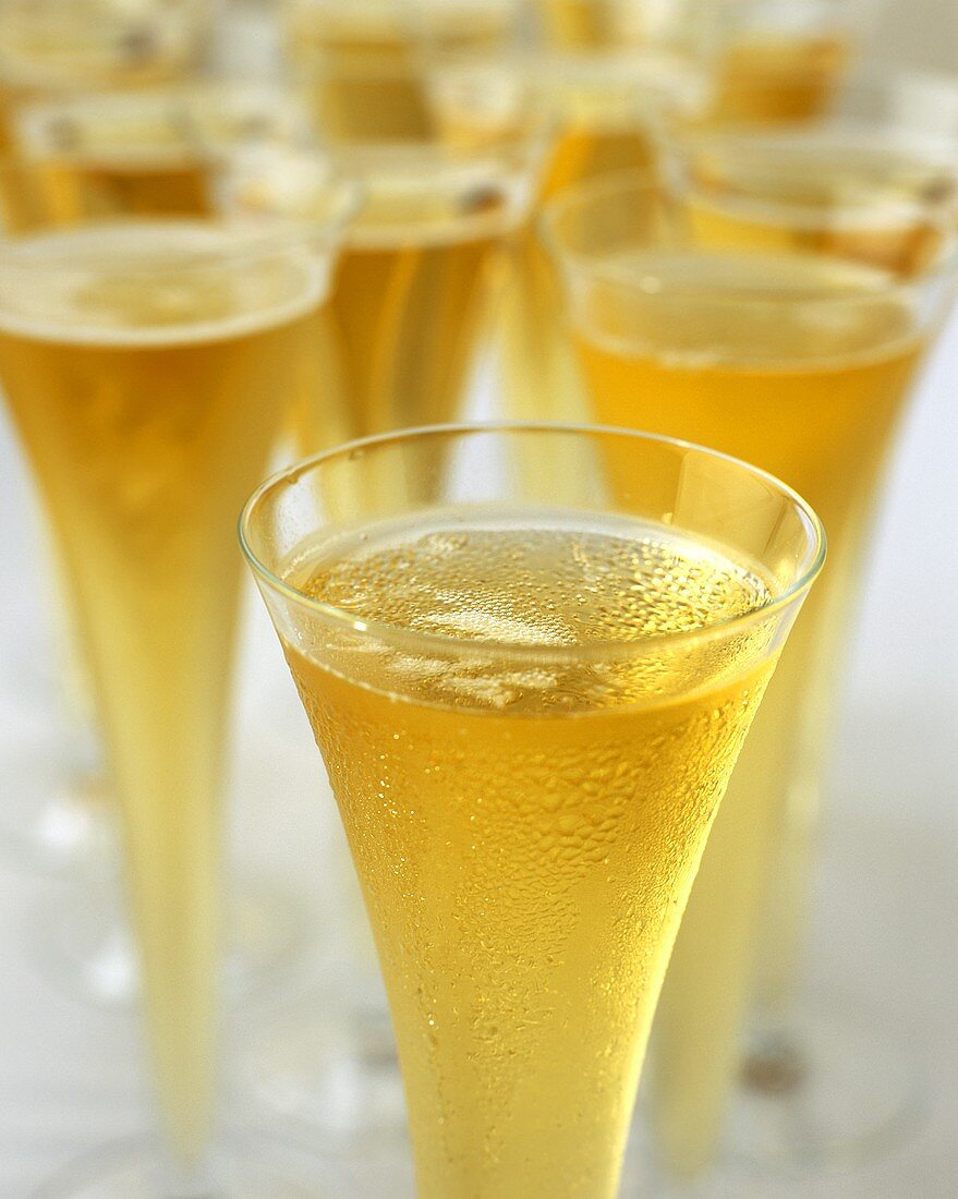 Bellini (champagne with peach juice) in champagne flutes