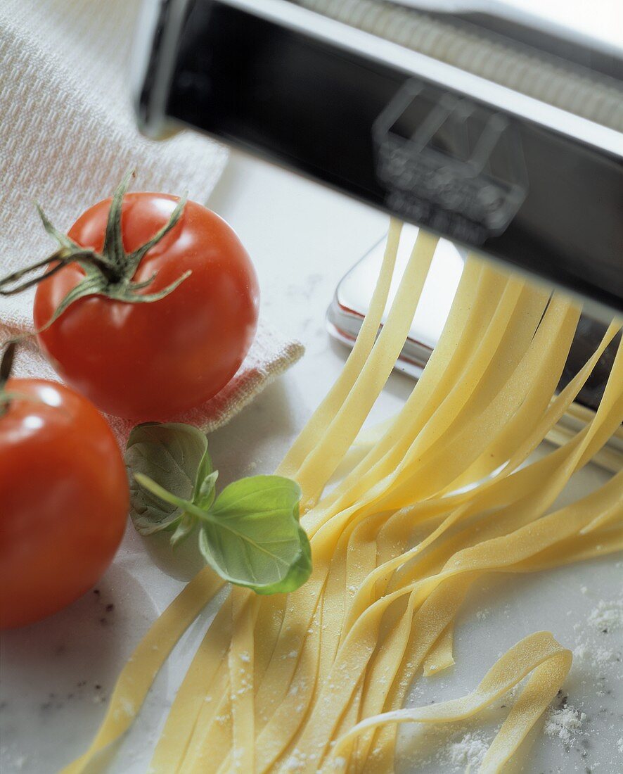 Nudelmanschine mit frischen Bandnudeln, Tomate und Basilikum