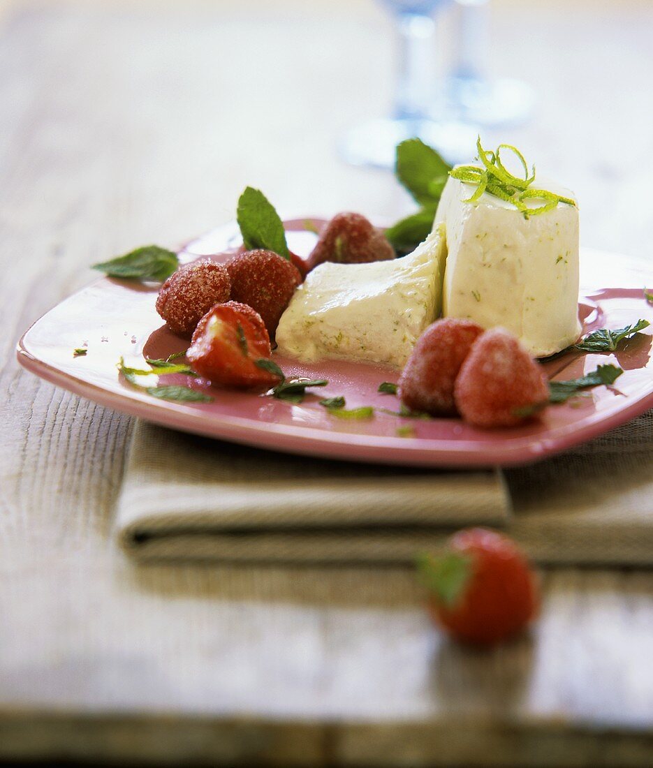 Lime ice cream with strawberries