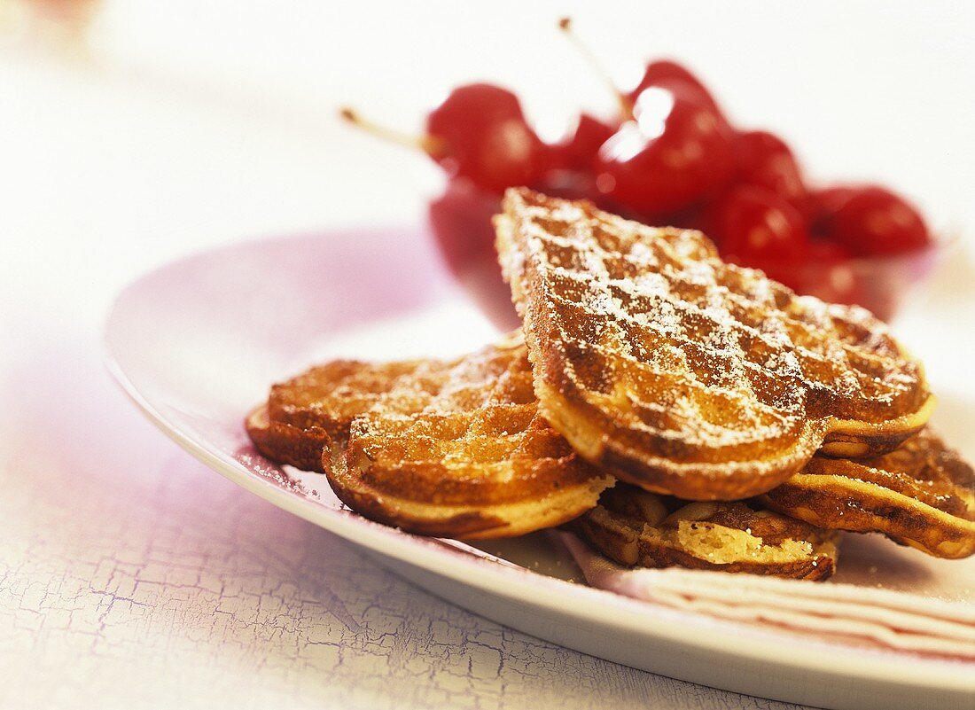 Marzipan waffles with cherry compote