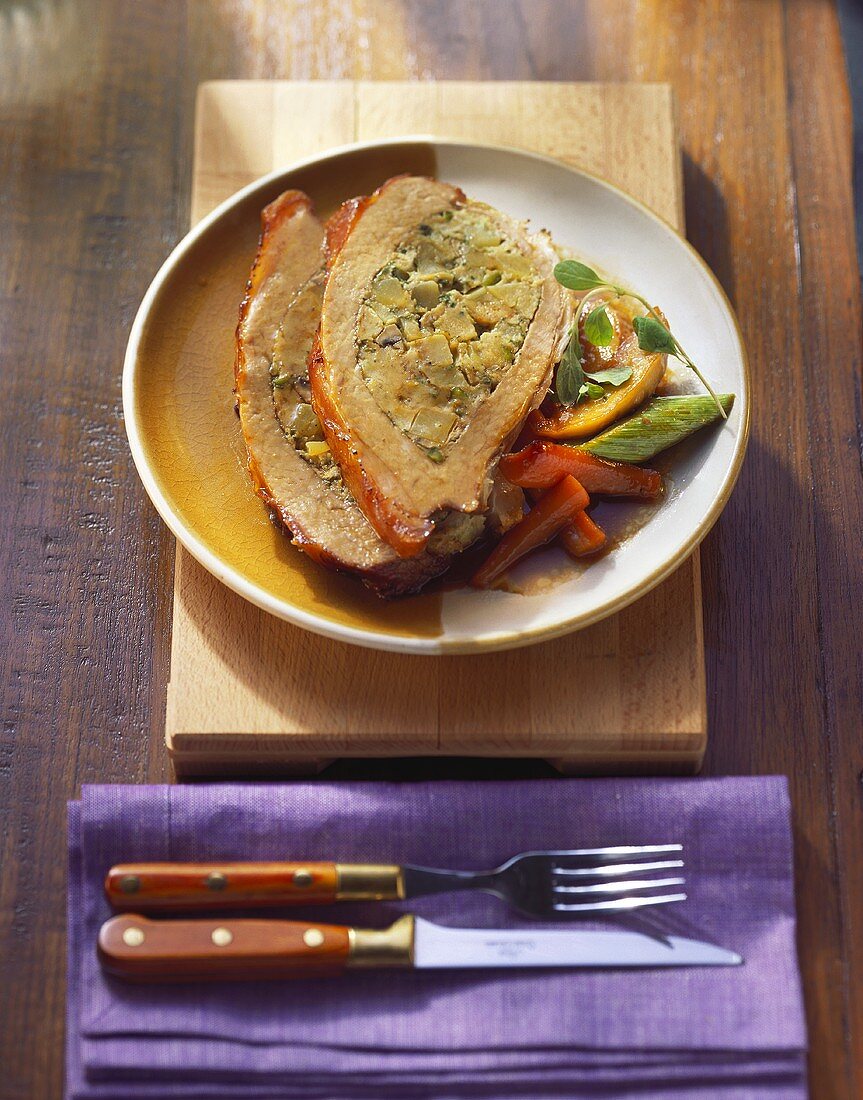 Veal breast with potato & mushroom stuffing, with vegetables