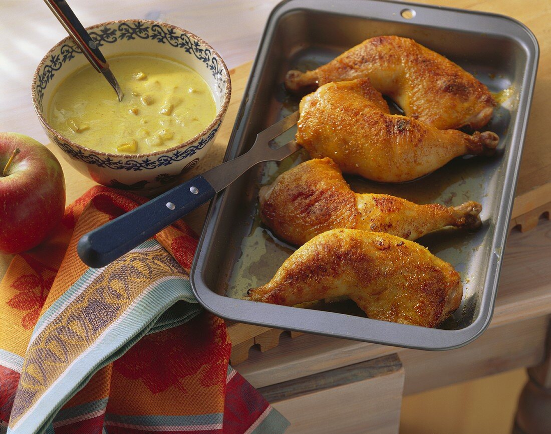 Chicken legs with spicy banana and apple sauce