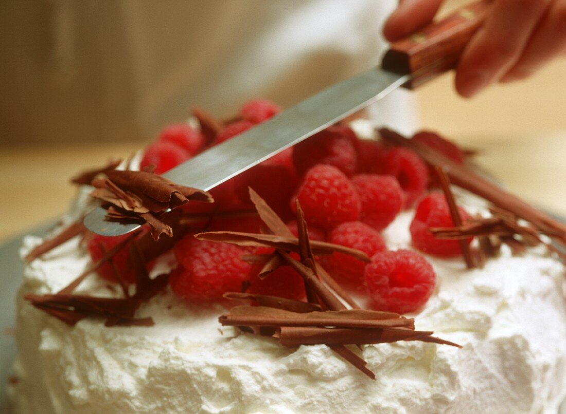 Decorating raspberry ice cream cake with chocolate curls