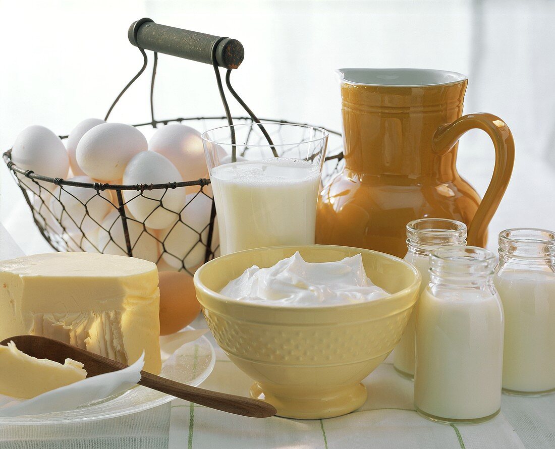 Stillleben mit Butter, Joghurt, Milch und Eiern