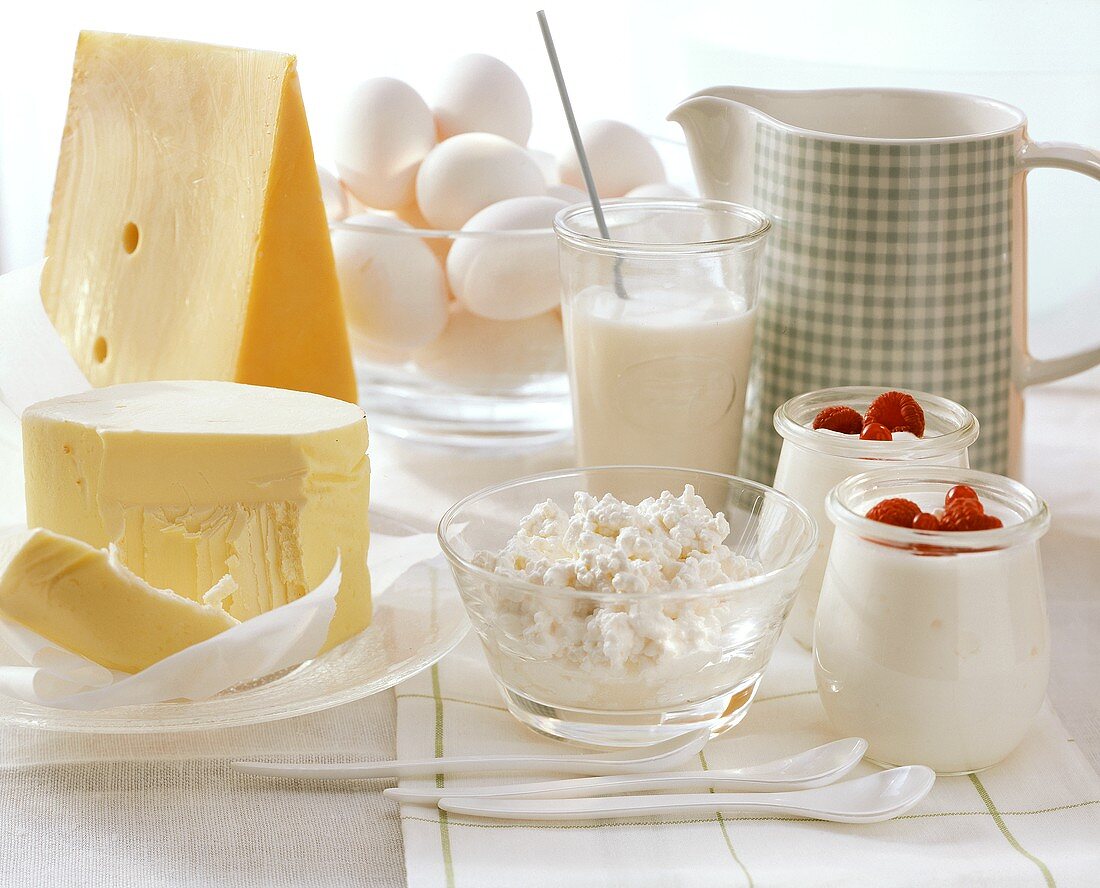 Stillleben mit Butter, Käse, Joghurt, Milch und Eiern