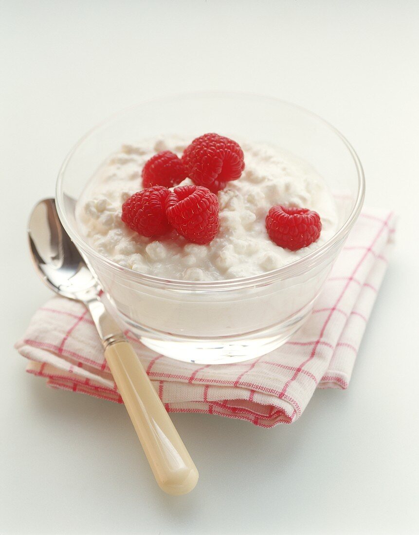 A bowl of cottage cheese with raspberries