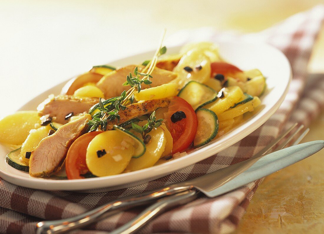 Potato salad with vegetables and turkey breast fillet