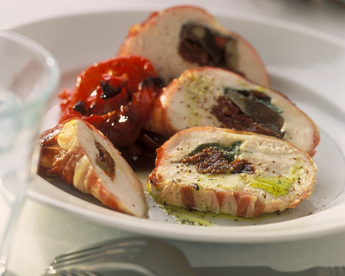 Poularde breast stuffed with dried tomatoes, with peppers