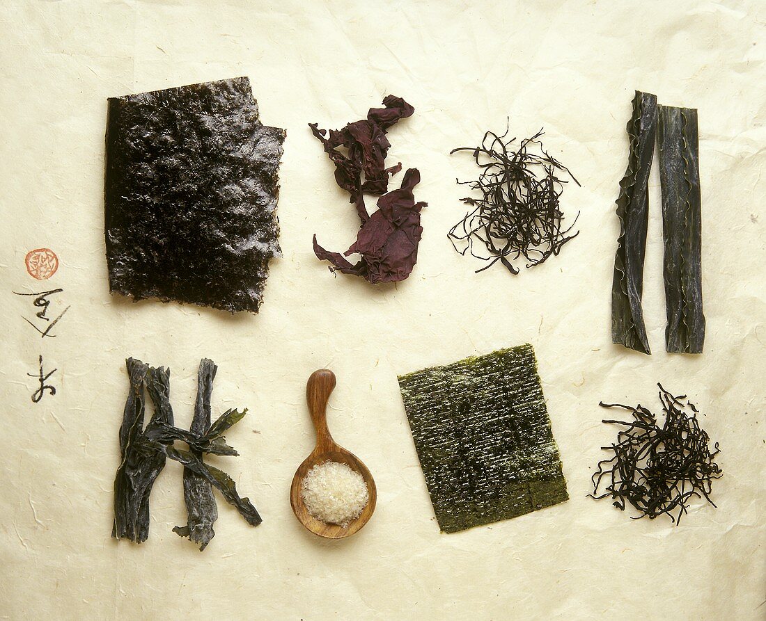 Eight different types of dried seaweed